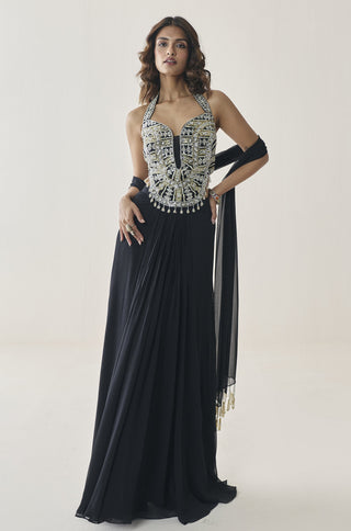 Halter Skirt Set for Indian Wedding - Black Material Girl Petal Skirt Set by Seema Thukral at Mrs. G