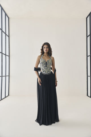 Halter Skirt Set for Indian Wedding - Black Material Girl Petal Skirt Set by Seema Thukral at Mrs. G