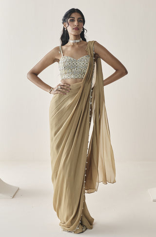 Pre-Draped Saree for Indian Wedding - Gold Material Girl Loretta Saree Set by Seema Thukral at Mrs. G