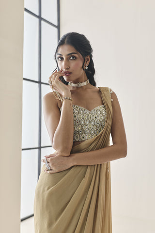 Pre-Draped Saree for Indian Wedding - Gold Material Girl Loretta Saree Set by Seema Thukral at Mrs. G