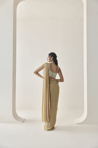 Pre-Draped Saree for Indian Wedding - Gold Material Girl Loretta Saree Set by Seema Thukral at Mrs. G