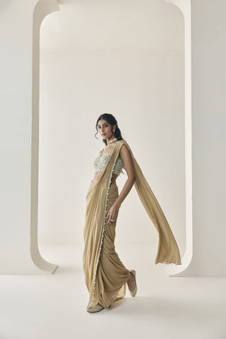Pre-Draped Saree for Indian Wedding - Gold Material Girl Loretta Saree Set by Seema Thukral at Mrs. G