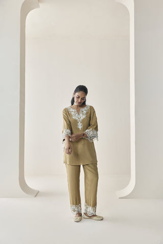 Kurta Set for Indian Wedding - Gold Material Girl Nelli Kurta Set by Seema Thukral at Mrs. G