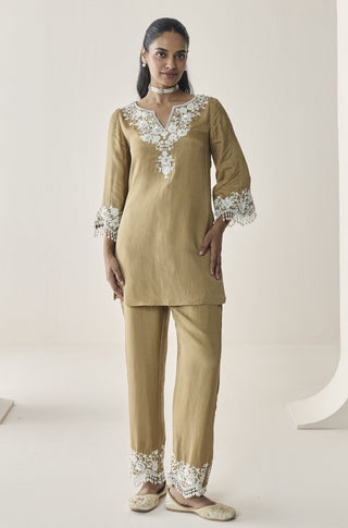 Kurta Set for Indian Wedding - Gold Material Girl Nelli Kurta Set by Seema Thukral at Mrs. G