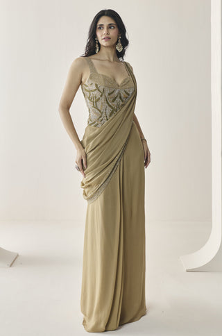 Pre-Stitched Saree for Indian Wedding - Gold Material Girl Bernadette Saree Set by Seema Thukral at Mrs. G