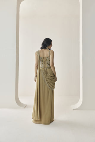 Pre-Stitched Saree for Indian Wedding - Gold Material Girl Bernadette Saree Set by Seema Thukral at Mrs. G