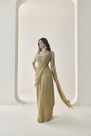 Pre-Stitched Saree for Indian Wedding - Gold Material Girl Bernadette Saree Set by Seema Thukral at Mrs. G