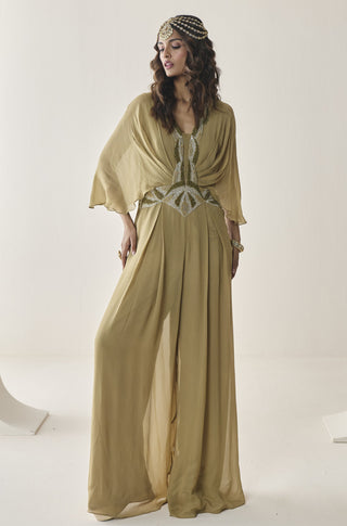 Cape Sleeve Jumpsuit for Indian Wedding - Gold Material Girl Cecilia Jumpsuit by Seema Thukral at Mrs. G