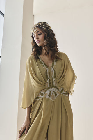 Cape Sleeve Jumpsuit for Indian Wedding - Gold Material Girl Cecilia Jumpsuit by Seema Thukral at Mrs. G