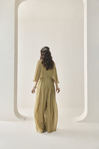 Cape Sleeve Jumpsuit for Indian Wedding - Gold Material Girl Cecilia Jumpsuit by Seema Thukral at Mrs. G