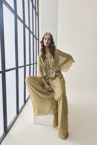 Cape Sleeve Jumpsuit for Indian Wedding - Gold Material Girl Cecilia Jumpsuit by Seema Thukral at Mrs. G