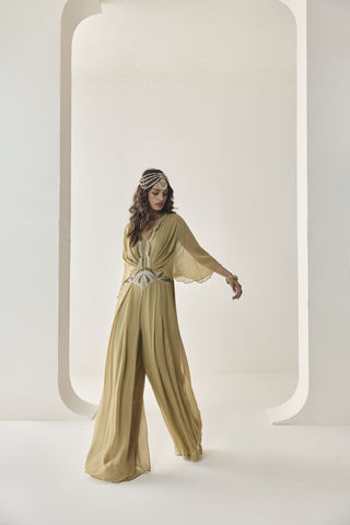 Cape Sleeve Jumpsuit for Indian Wedding - Gold Material Girl Cecilia Jumpsuit by Seema Thukral at Mrs. G
