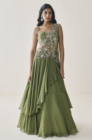 Lehenga Saree for Indian Wedding - Green Material Girl Harriet Saree Set by Seema Thukral at Mrs. G