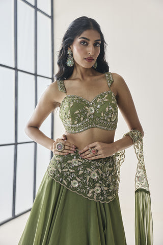 Lehenga Saree for Indian Wedding - Green Material Girl Harriet Saree Set by Seema Thukral at Mrs. G