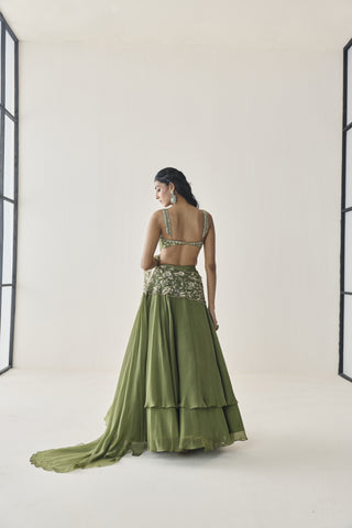 Lehenga Saree for Indian Wedding - Green Material Girl Harriet Saree Set by Seema Thukral at Mrs. G