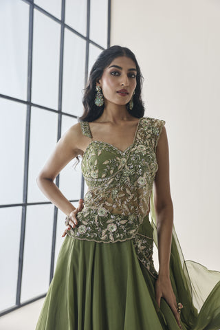 Lehenga Saree for Indian Wedding - Green Material Girl Harriet Saree Set by Seema Thukral at Mrs. G