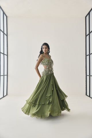 Lehenga Saree for Indian Wedding - Green Material Girl Harriet Saree Set by Seema Thukral at Mrs. G