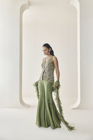 Jacket Set for Indian Wedding - Green Material Girl Freya Jacket and Flared Pant Set by Seema Thukral at Mrs. G