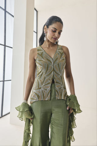 Jacket Set for Indian Wedding - Green Material Girl Freya Jacket and Flared Pant Set by Seema Thukral at Mrs. G