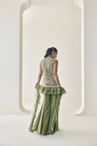 Jacket Set for Indian Wedding - Green Material Girl Freya Jacket and Flared Pant Set by Seema Thukral at Mrs. G