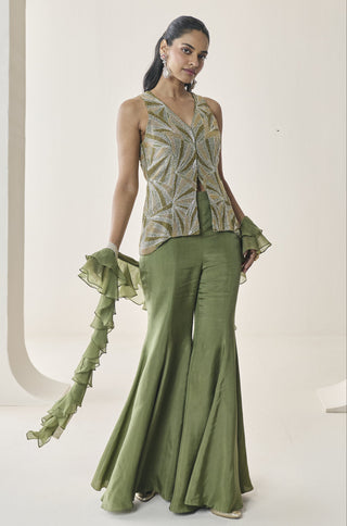 Jacket Set for Indian Wedding - Green Material Girl Freya Jacket and Flared Pant Set by Seema Thukral at Mrs. G
