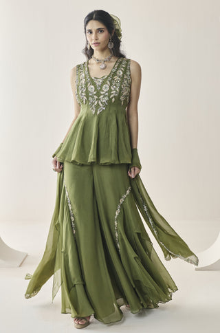 Peplum Sharara Set for Indian Wedding - Green Material Girl Yara Peplum and Sharara Set by Seema Thukral at Mrs. G