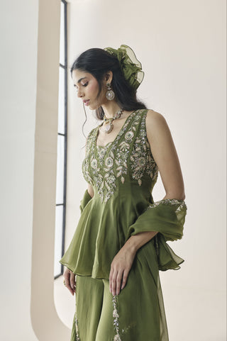 Peplum Sharara Set for Indian Wedding - Green Material Girl Yara Peplum and Sharara Set by Seema Thukral at Mrs. G