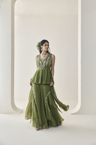 Peplum Sharara Set for Indian Wedding - Green Material Girl Yara Peplum and Sharara Set by Seema Thukral at Mrs. G