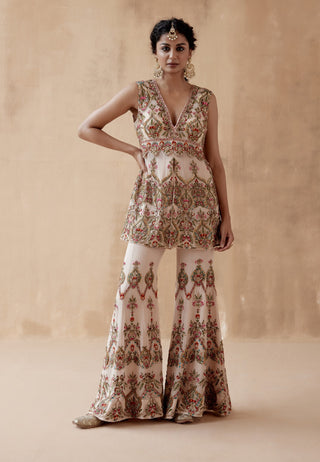 Beige floral thread kurta and sharara