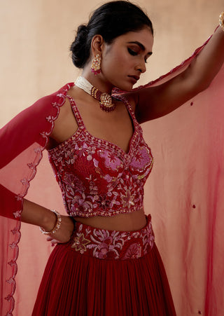 Red floral georgette lehenga set
