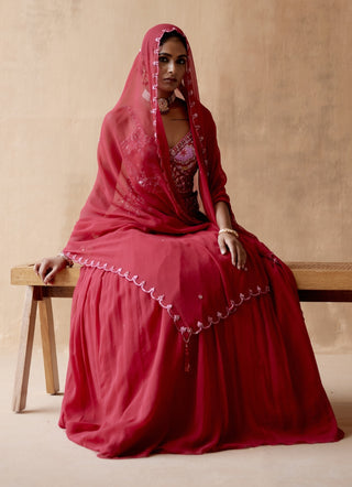 Red floral georgette lehenga set