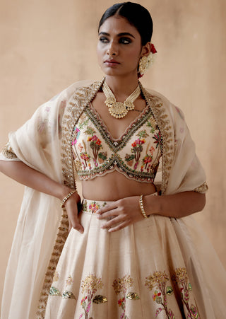 Ivory raw silk floral lehenga set