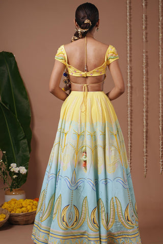 Lehenga set for Indian Wedding – Yellow Firozi Printed by AHI Clothing