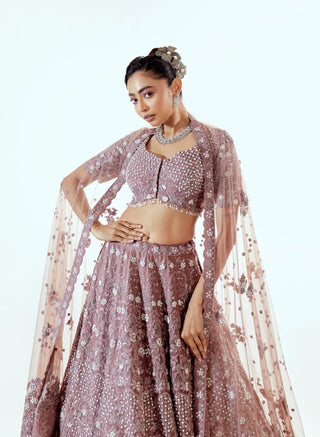Lehenga Set for Indian Wedding – Wine Irish Floral Organza by Pallavi Poddar
