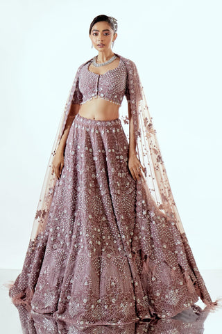 Lehenga Set for Indian Wedding – Wine Irish Floral Organza by Pallavi Poddar