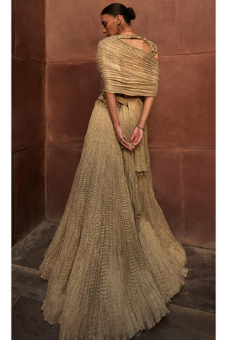 Crushed Lehenga Set Indian Wedding Gold Tissue by Tamanna Punjabi Kapoor