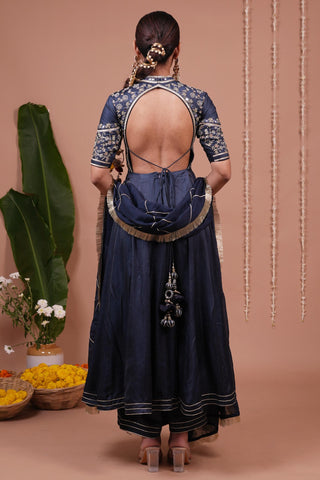 Anarkali suit for Indian Wedding – Navy Blue Silk Satin by AHI Clothing