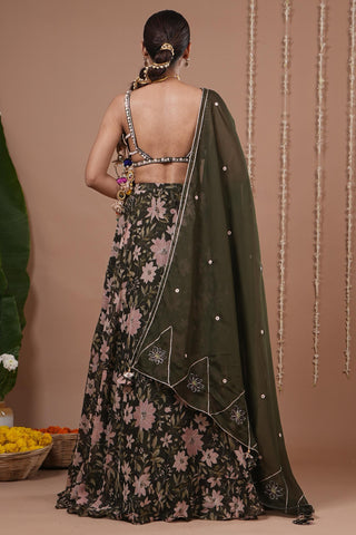 Organza lehenga for Indian Wedding – Olive Green Floral Printed by AHI Clothing