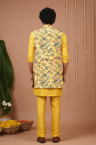 Kurta pajama set for Indian Wedding – Yellow Printed Open Jacket by AHI Clothing