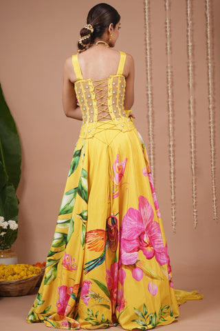 Lehenga set for Indian Wedding – Mustard Floral Corset Heavy by AHI Clothing