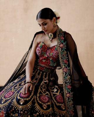 Black raw silk lehenga set