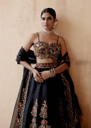 Black raw silk lehenga set