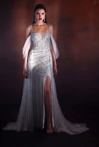 Mint green classic gown with embroidered overskirt