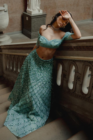 Lace Lehenga Set for Indian Wedding - Blue Victorian Lace by The Little Black Bow
