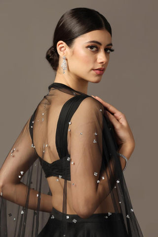 Black satin lehenga set with draped blouse