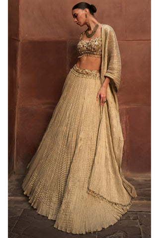 Crushed Lehenga Set Indian Wedding Gold Tissue by Tamanna Punjabi Kapoor