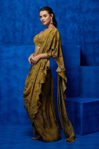 Yellow floral printed drape saree