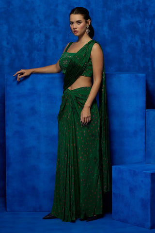 Emerald floral printed drape saree