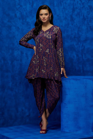 Purple short tunic with draped pants