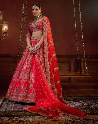 Red wave floral lehenga set